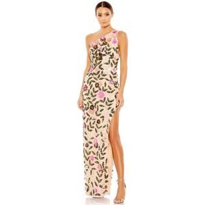 MAC DUGGAL Floral Sequined One Shoulder Nude Side Slit Gown Dress Size 2 NWT